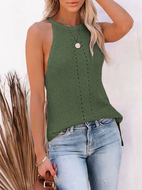 Loose Sleeveless Hollow Solid Color Spaghetti-Neck Vest Top