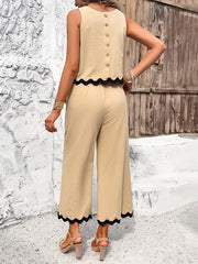 Loose Sleeveless Buttoned Contrast Color Split-Joint Vest Top + Pockets Pants Bottom Two Pieces Set