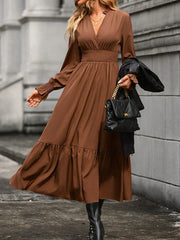 A-Line Flared Sleeves Elasticity Pleated Solid Color V-Neck Midi Dresses