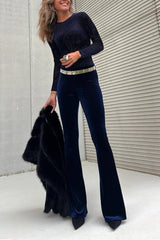 Bond Velvet High Rise Elastic Waist Stretch Flare Pants