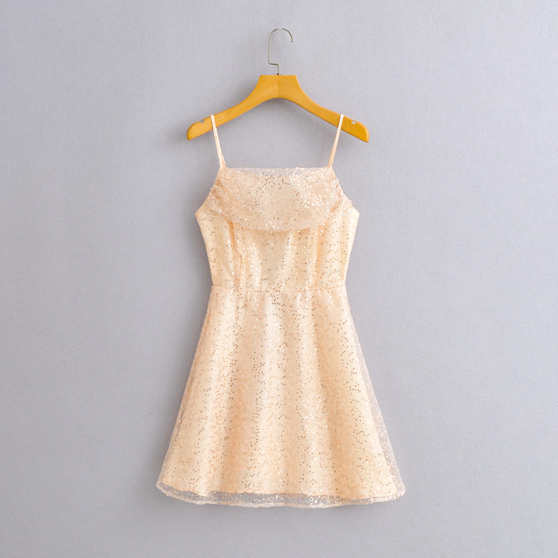 Early Spring New Women Clothing Strap Fashion All-Match Sequined Short Women Dress