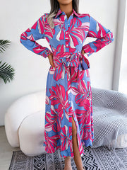 Long Sleeves Loose Printed Split-Joint Tied Waist Lapel Shirt Dress