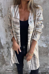 Fashionable Gold Foil Leopard Print Suede Long Sleeve Loose Pocket Midi Coat