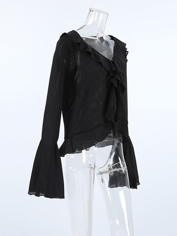 Flared Sleeves Long Sleeves Ruffled See-Through Split-Joint Lapel Blouses&Shirts Tops