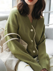 Casual Loose Long Sleeves Buttoned Contrast Color V-Neck Cardigan Tops