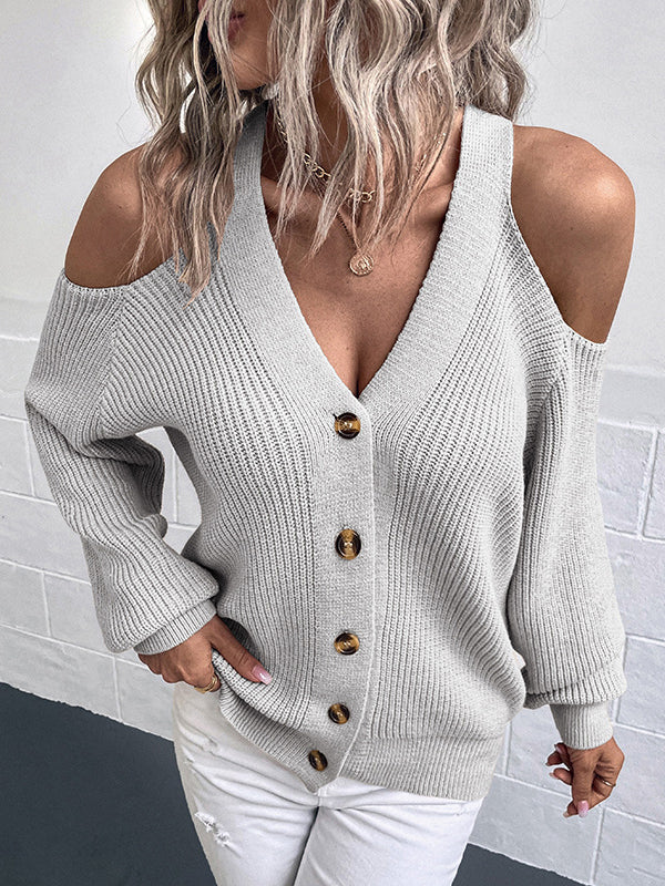 Trendy Tops Loose Solid Color V-Neck Cold Shoulder Cardigan Tops