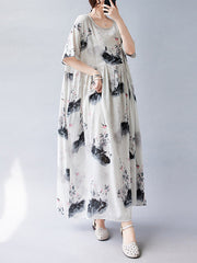 Loose Short Sleeves Pleated Printed Split-Joint Round-Neck Midi Dresses