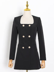 A-Line High Waisted Buttoned Pockets Shoulder Pad Square-Neck Blazer Mini Dresses