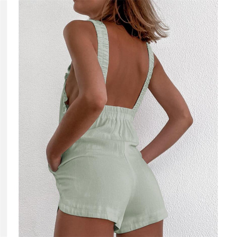 Solid Color Backless Strap Pocket Shorts