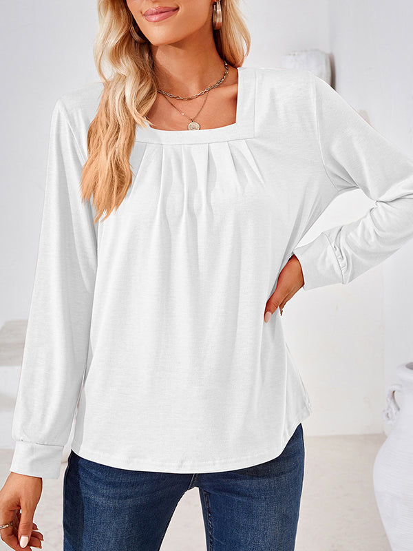 Long Sleeves Loose Pleated Solid Color Square-Neck T-Shirts Tops