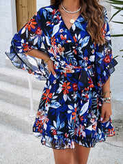 Flared Sleeves Half Sleeves Flower Print Ruffle Trim Split-Joint Tied Waist V-Neck Mini Dresses