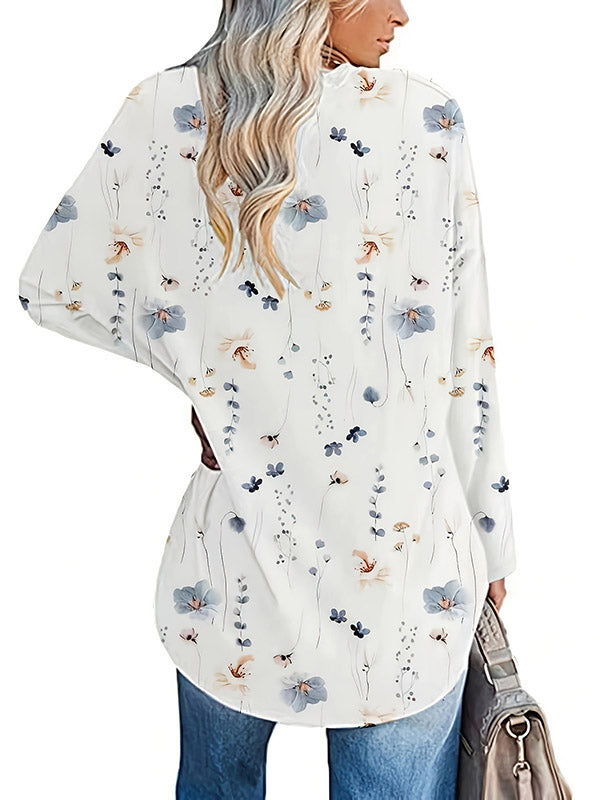 Long Sleeves Loose Flower Print Round-Neck T-Shirts Tops