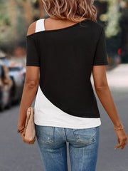 Loose Short Sleeves Asymmetric Contrast Color Split-Joint Cold Shoulder T-Shirts Tops