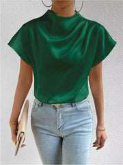 Loose Short Sleeves Pleated Solid Color Mock Neck T-Shirts Tops