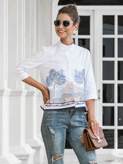 Casual Three-Quarter Sleeves Loose Embroidered Stand Collar Blouses&Shirts Tops