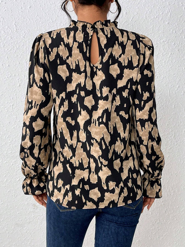 Flared Sleeves Long Sleeves Elasticity Hollow Leopard Mock Neck Blouses&Shirts Tops