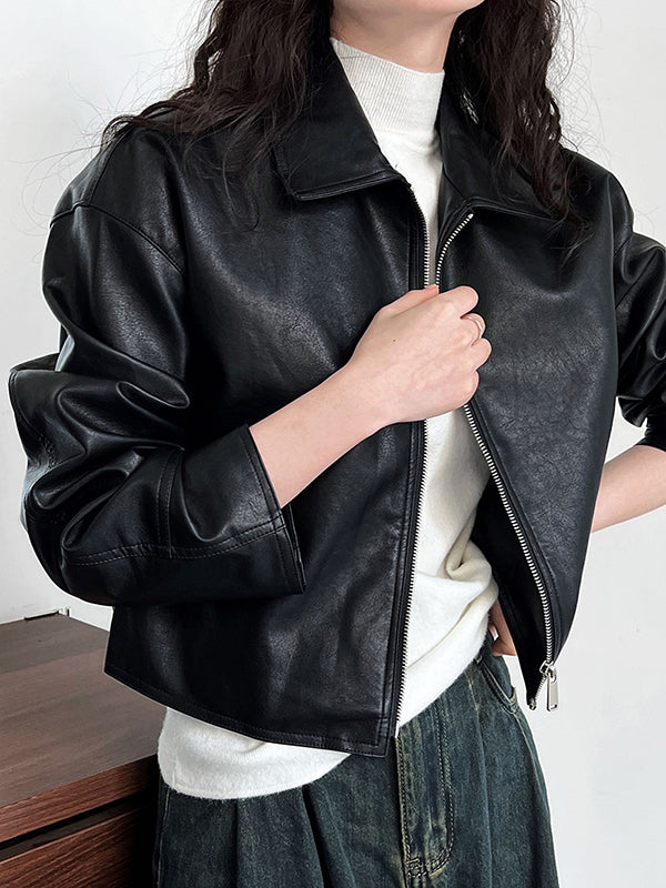 Long Sleeves Loose Solid Color Zipper Lapel Collar Jackets&Coats Outerwear