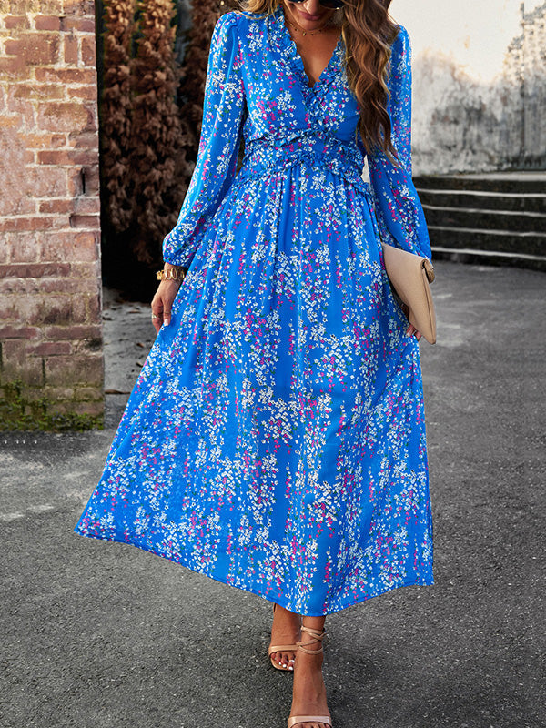 A-Line High Waisted Flower Print Ruffled Split-Joint Deep V-Neck Maxi Dresses