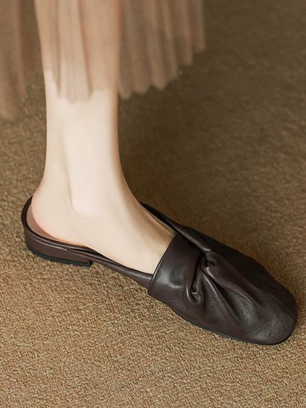 Hollow Pleated Round-Toe Split-Joint Slippers&Mules