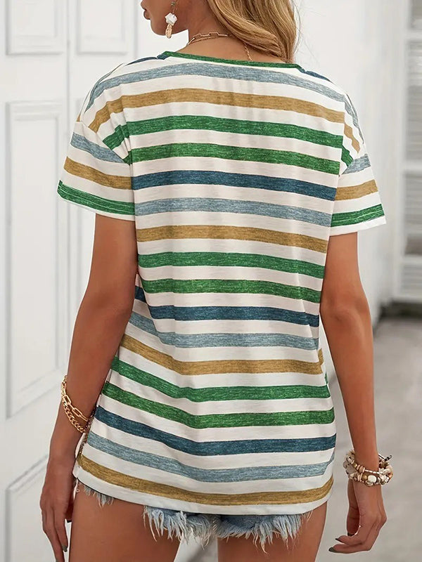 Loose Short Sleeves Striped Round-Neck T-Shirts Tops