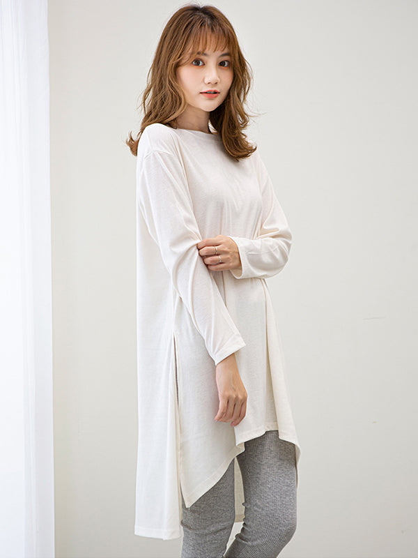 Casual High-Low Long Sleeves Solid Color Round-Neck T-Shirts Tops