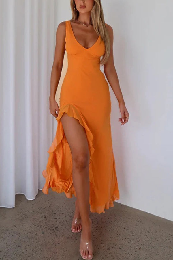 V Neck Slim Fit Ruffled High Slit Maxi Tank Dresses