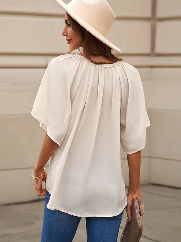 Simple Casual Solid Color Loose Pleated Half Sleeves T-Shirt Top