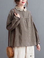 Plaid Ramie Cotton Plus Szie Long Sleeve Shirts