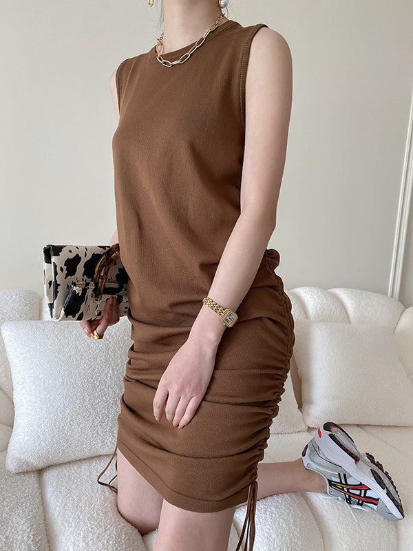 Loose Sleeveless Drawstring Solid Color Round-Neck Mini Dresses