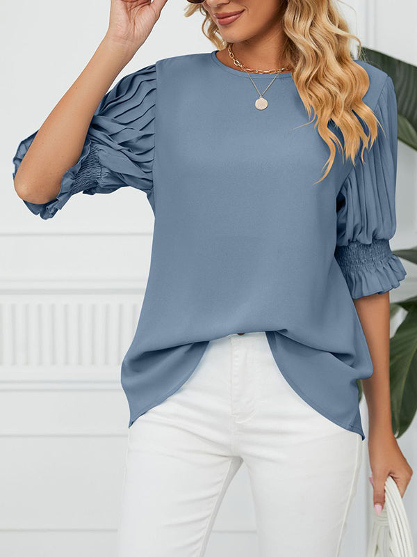 Loose Puff Sleeves Pleated Solid Color Round-Neck T-Shirts Tops