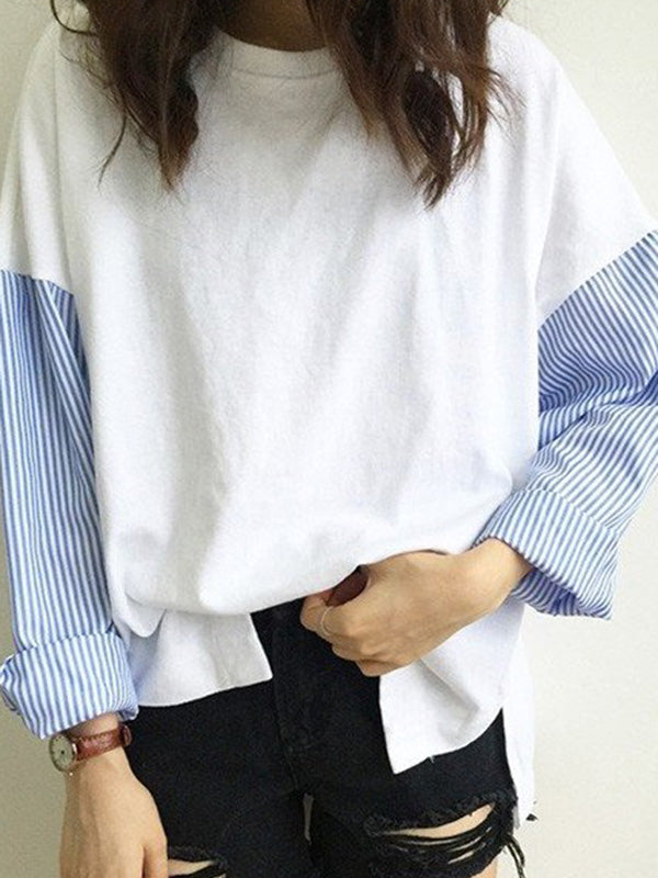 Striped Split-Joint Plus Size Loose Long Sleeve Shirt Tops