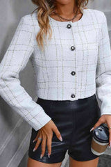 Zayla Tweed Plaid Fabric Round Neck Metal Buckle Crop Coat