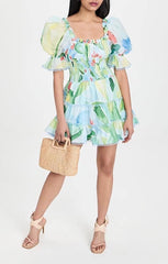 Spring and Summer Square Collar Printed Short Sleeve Dress – High Waist A-line Tiered Dress