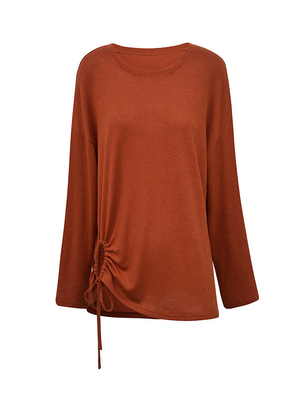 Long Sleeves Loose Asymmetric Drawstring Hollow Solid Color Round-Neck T-Shirts Tops