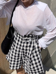 High Waisted Loose Buttoned Elasticity Plaid Shorts Bottoms