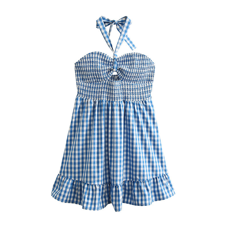 Short Spring Plaid Hollow Out Cutout Backless Strap Tiered Dress