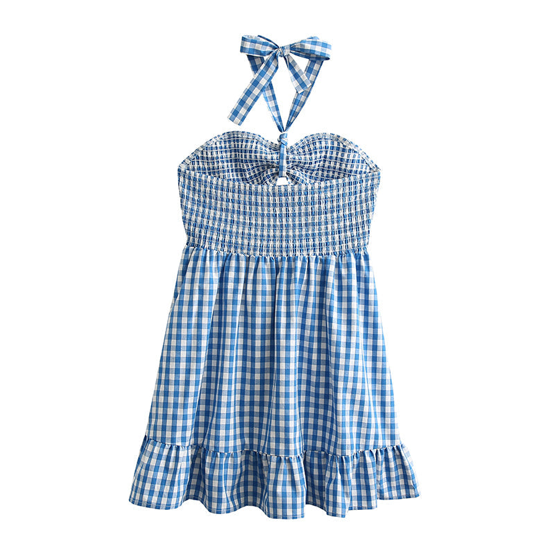 Short Spring Plaid Hollow Out Cutout Backless Strap Tiered Dress