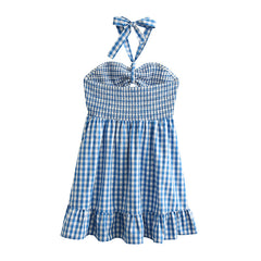 Short Spring Plaid Hollow Out Cutout Backless Strap Tiered Dress