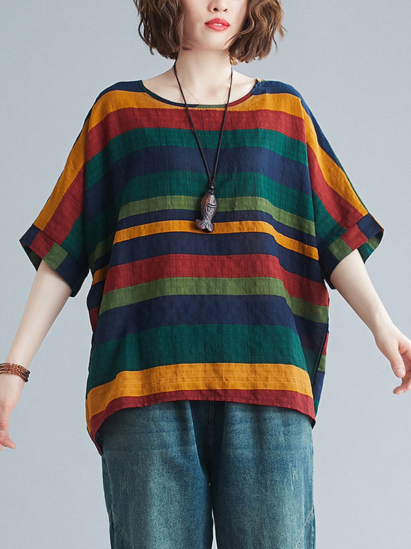 Rainbow Stripe Batwing Sleeves T-Shirts Tops