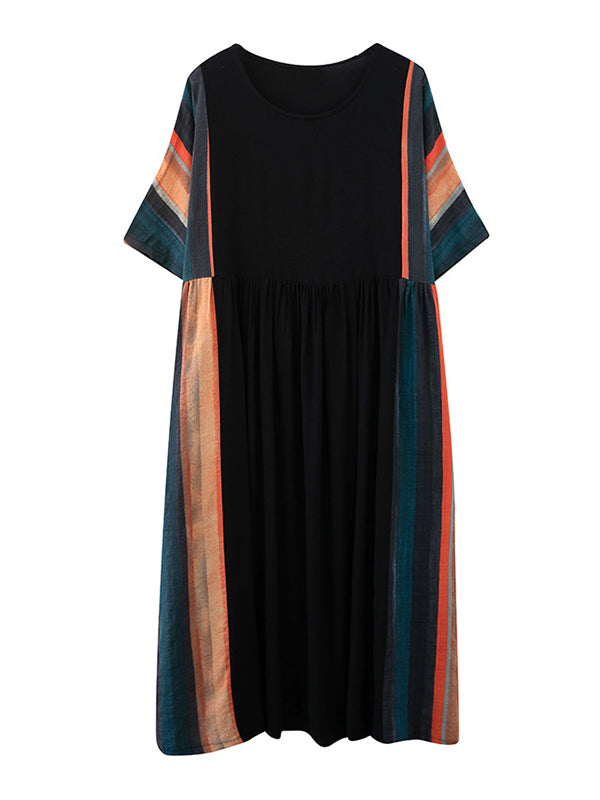 Loose Contrast Color Striped Pleated Midi Dress