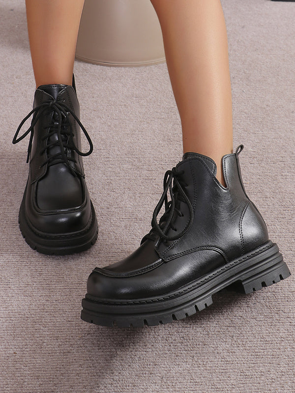 Lace-Up Round-Toe Split-Joint Boots Platform Shoes