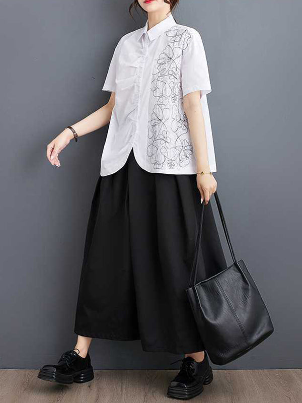 Irregularity Loose Buttoned Embroidered Pleated Lapel Collar Blouses&Shirts Tops