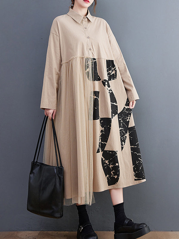 Casual Long Sleeves Loose Contrast Color Split-Joint Lapel Collar Midi Dresses