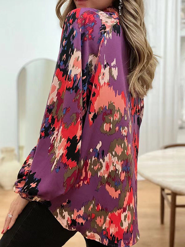 Long Sleeves Loose Printed V-Neck Blouses&Shirts Tops