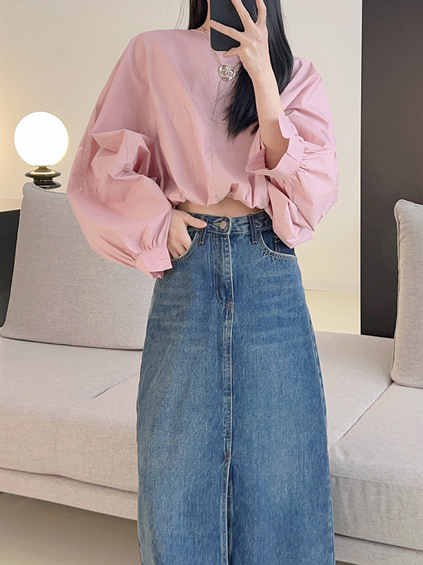 Batwing Sleeves Loose Elasticity Solid Color Round-Neck Blouses&Shirts Tops