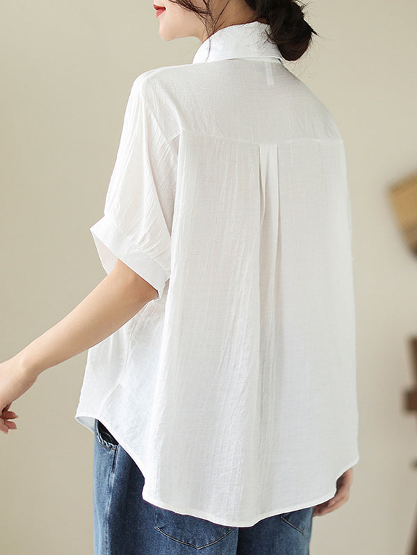 Half Sleeves Loose Pleated Solid Color Split-Joint Lapel Blouses&Shirts Tops