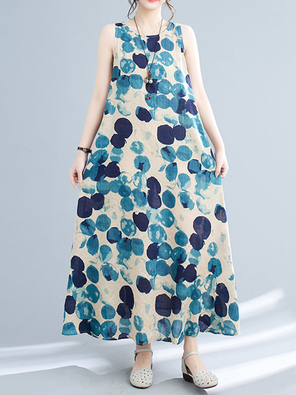 Loose Sleeveless Polka-Dot Round-Neck Maxi Dresses