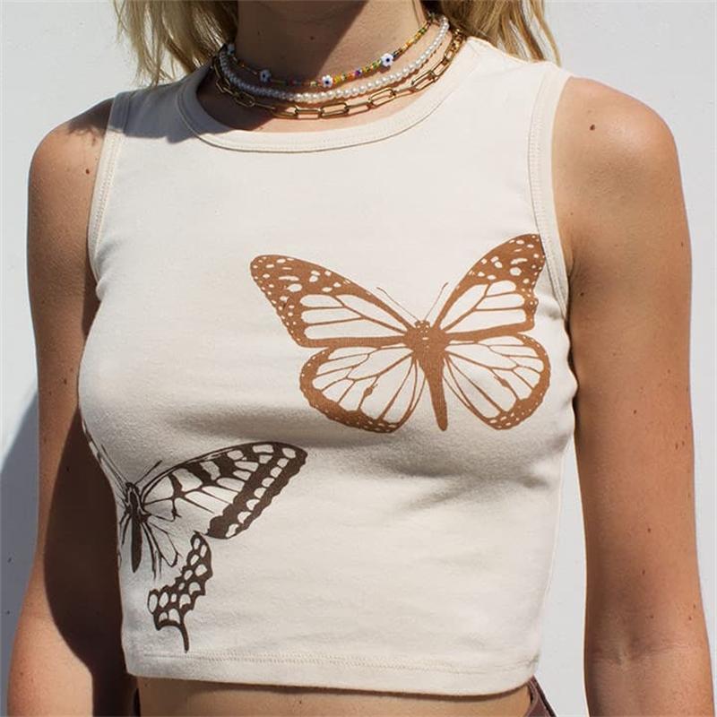 Women Clothing Summer Butterfly Print Sleeveless Cropped round Neck Vest Top T shirt Women