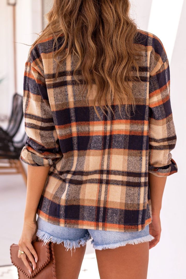 Autumn Long Sleeve Large Pocket Loose Women  Plaid Shacket Mid Length Coat