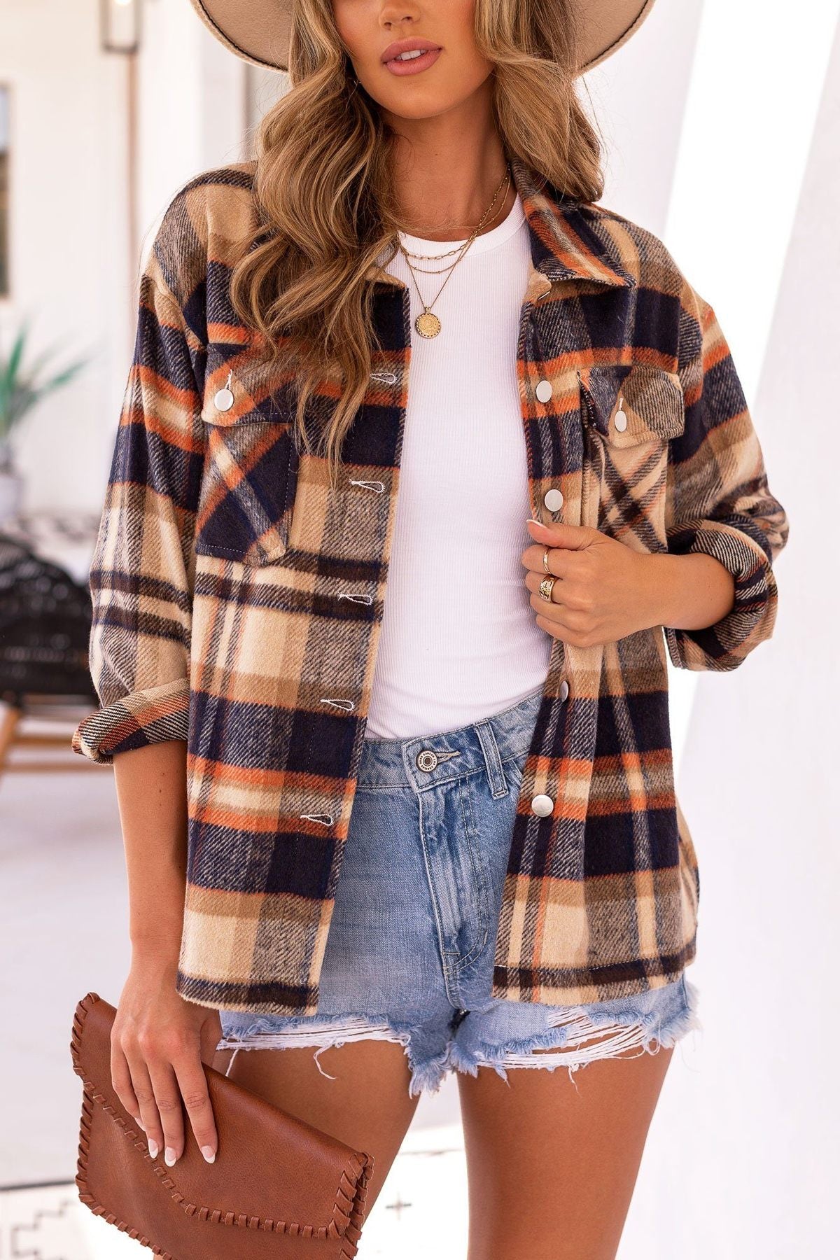 Autumn Long Sleeve Large Pocket Loose Women  Plaid Shacket Mid Length Coat